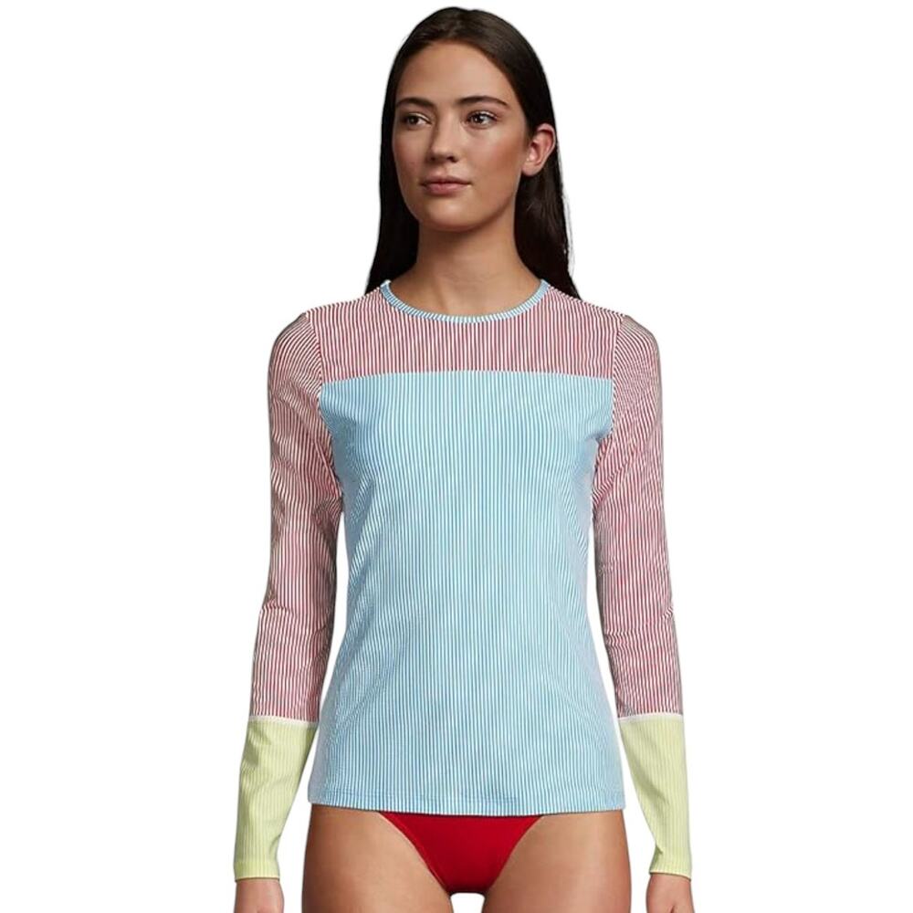 Lands End Seersucker Striped Crewneck Swim Tee Rash Guard Top